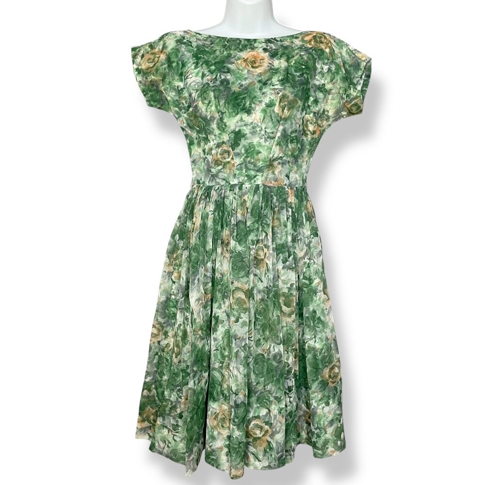 Vintage 1950s Dress Party Chiffon Short Sleeves Floral A-Line Women Union Label